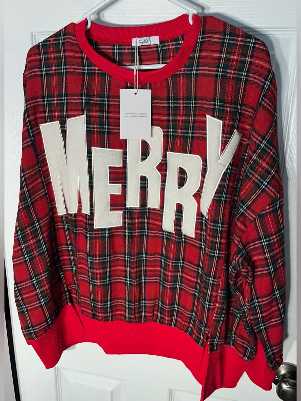 Sage Vell Merry Letter Patches Christmas Plaid Sweatshirt Oversized L/XL